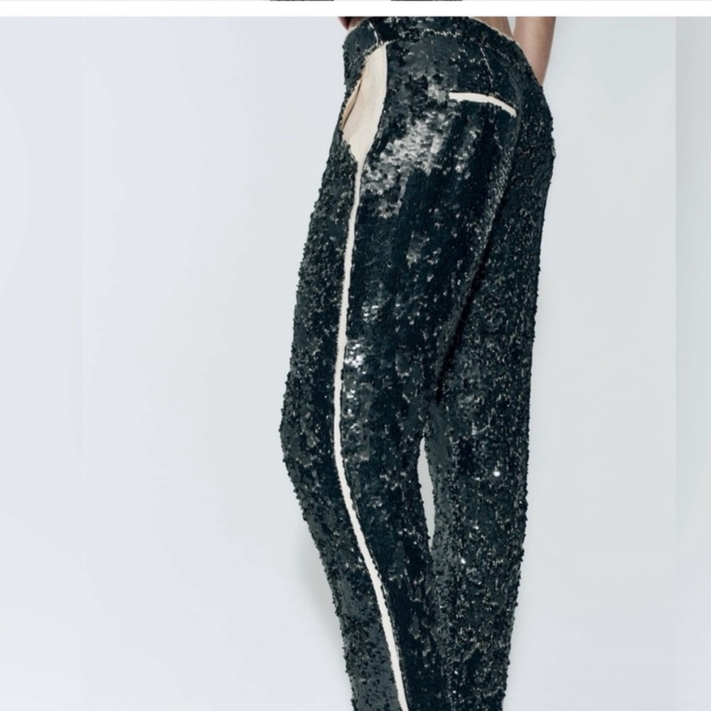 Zara NWT Sequined green pants with chiffon details sz M
